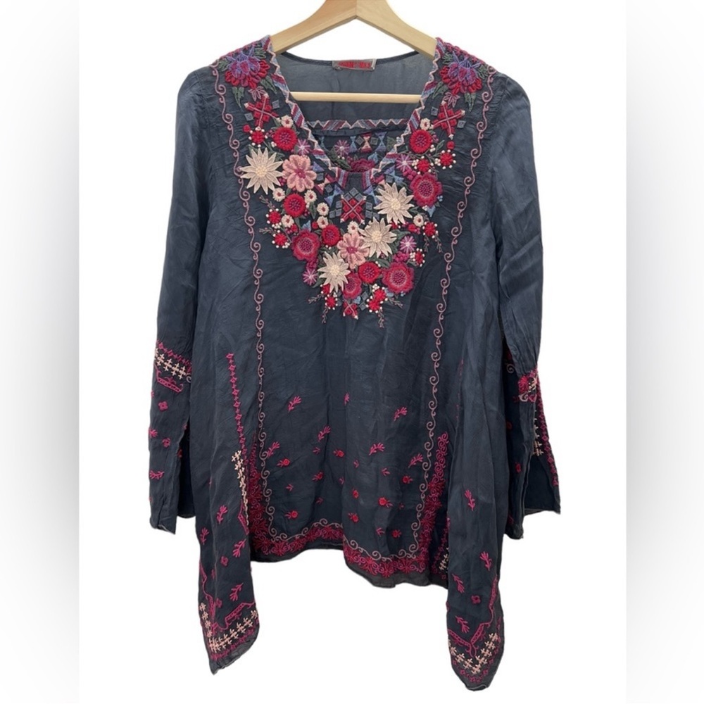 Johnny Was Gray and Blue Graphic Embellished Tunic